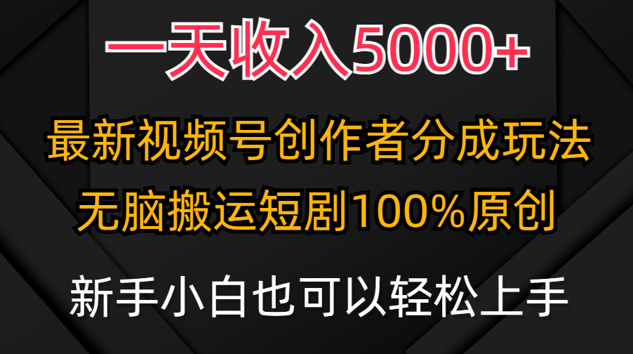 一天收入5000+，视频号创作者分成计划，最新100%原创玩法，小白也可以轻